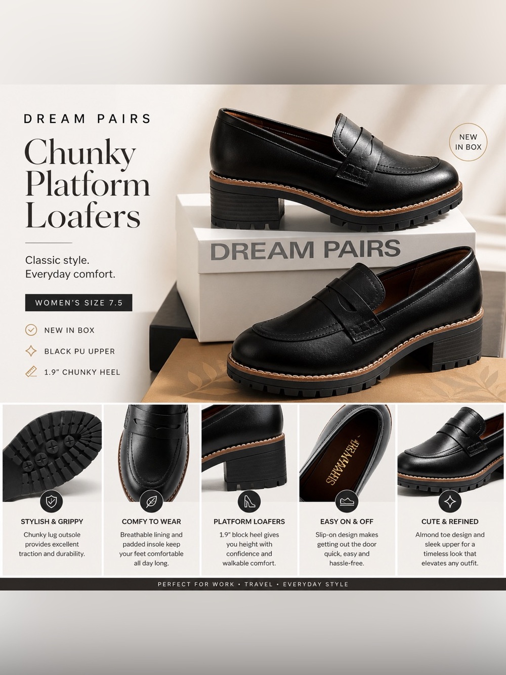 Dream Pairs Chunky Platform Penny Loafers – Size 7 – NIB - Picture 3 of 8
